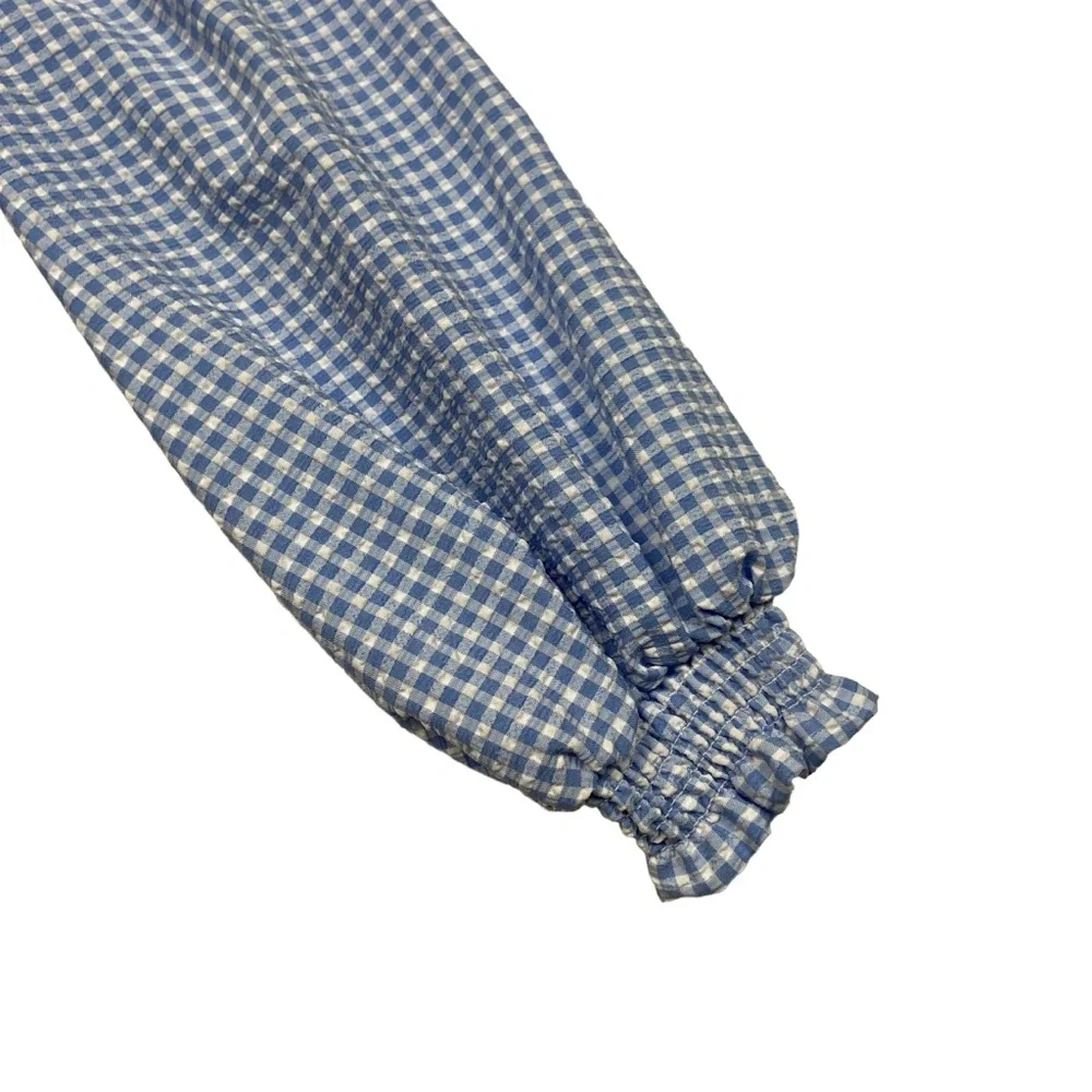 NWT ZARA Blue White Gingham Coquette Long Puff Sleeves Crop Top NWT XS